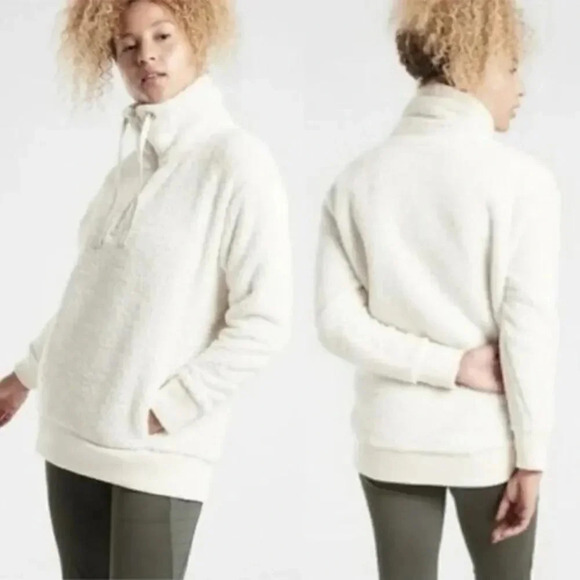 Athleta Talus Off White Faux Fur Teddy Sherpa Quarter Zip Pullover M - Picture 1 of 4